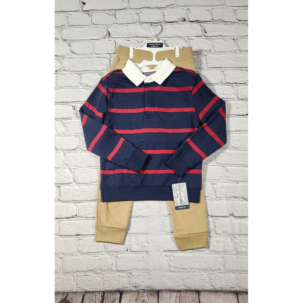 NWT Tommy Bahama Kids Boys 2 Piece Set Stripe Rugby Hoodie Joggers Size 5/6
